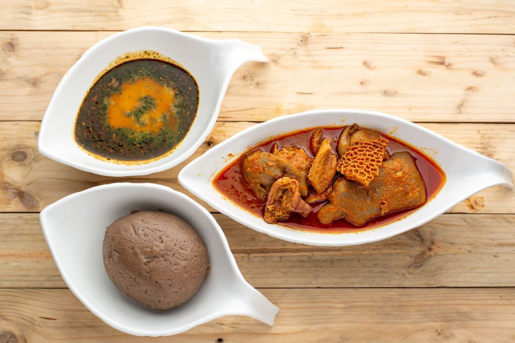 Amala with Ewedu and assorted meat stew in 3 bowls