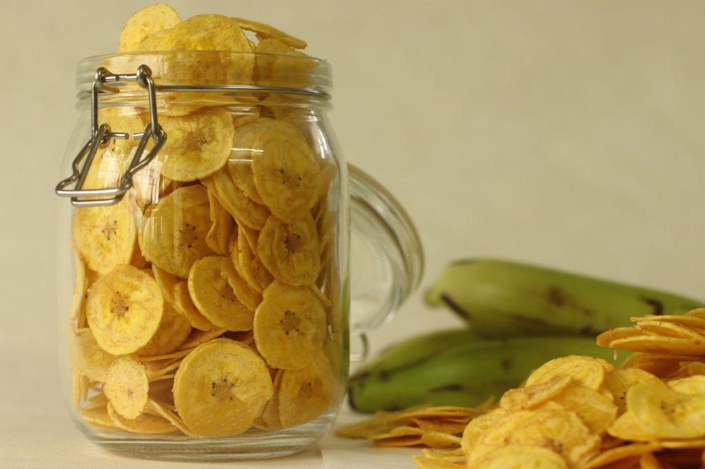 Nigerian plantain chips in a glass jar